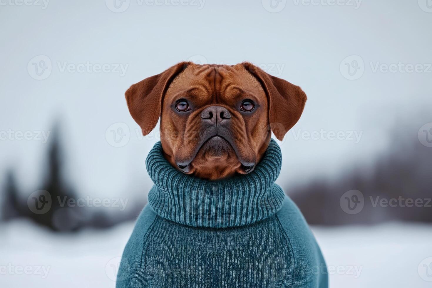Cute dog wearing a cozy sweater in a snowy landscape looks up with a curious expression on a winter day photo