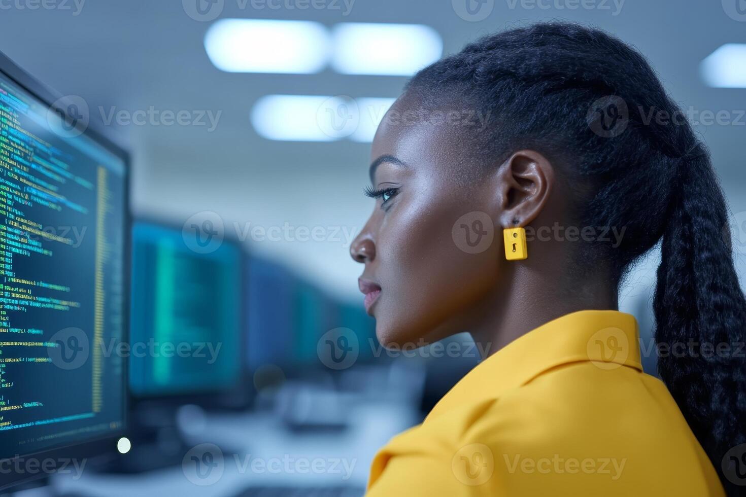 Woman coding on computer in office environment during daytime with focus on screen content and personal engagement photo