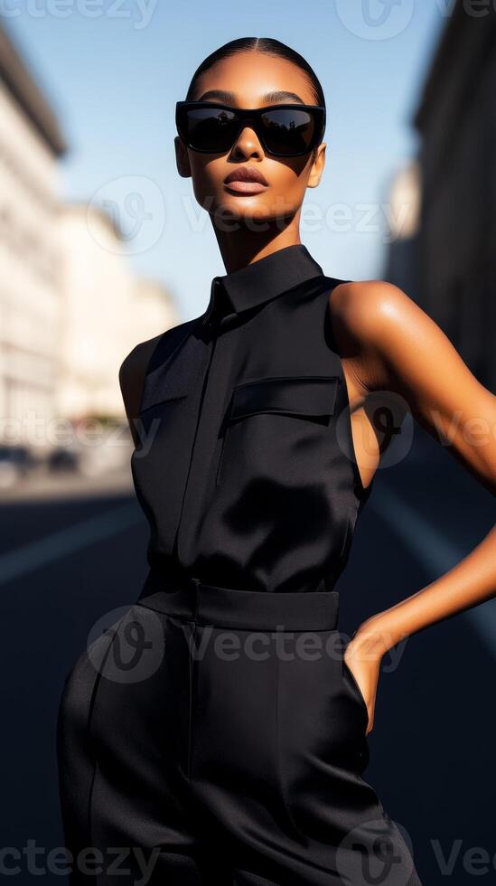 Stylish model poses confidently on a sunlit urban street wearing a sleek black outfit and sunglasses photo
