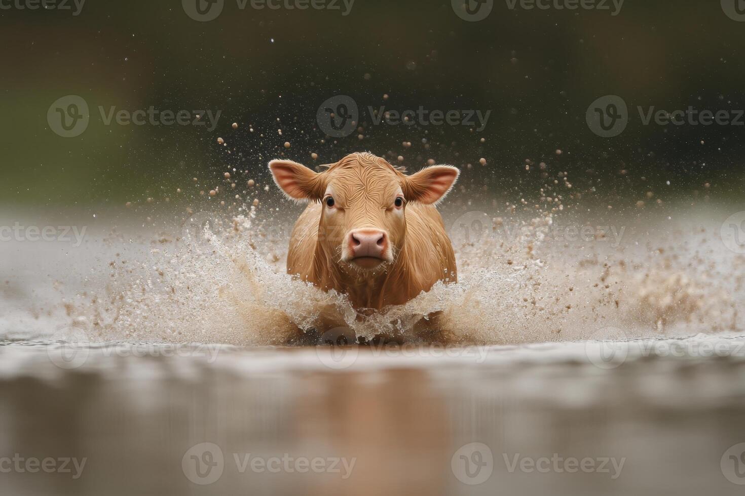 Cow splashes through water in a serene natural setting during a calm day photo