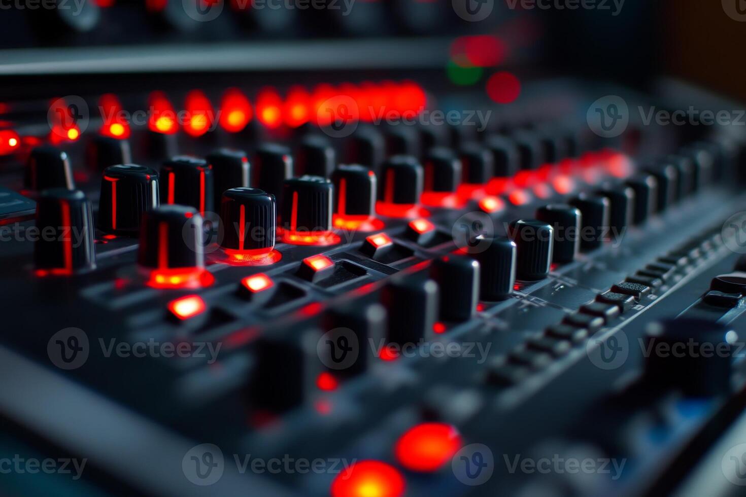 Control panel with illuminated buttons and knobs showcasing a high-end audio equipment setup in a dimly lit studio photo