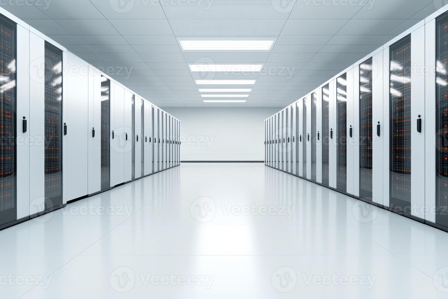 Expansive data center featuring rows of server racks in a modern, well-lit facility photo