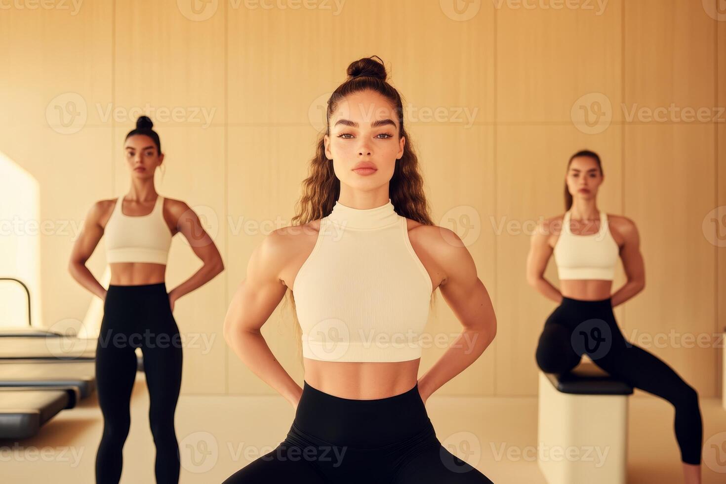 Three women in matching athletic outfits engage in yoga poses within a modern studio. Natural light fills the space, enhancing their focus and strength photo