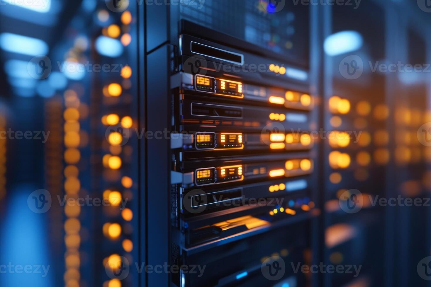 Data center with server racks illuminated by glowing lights during nighttime operations photo