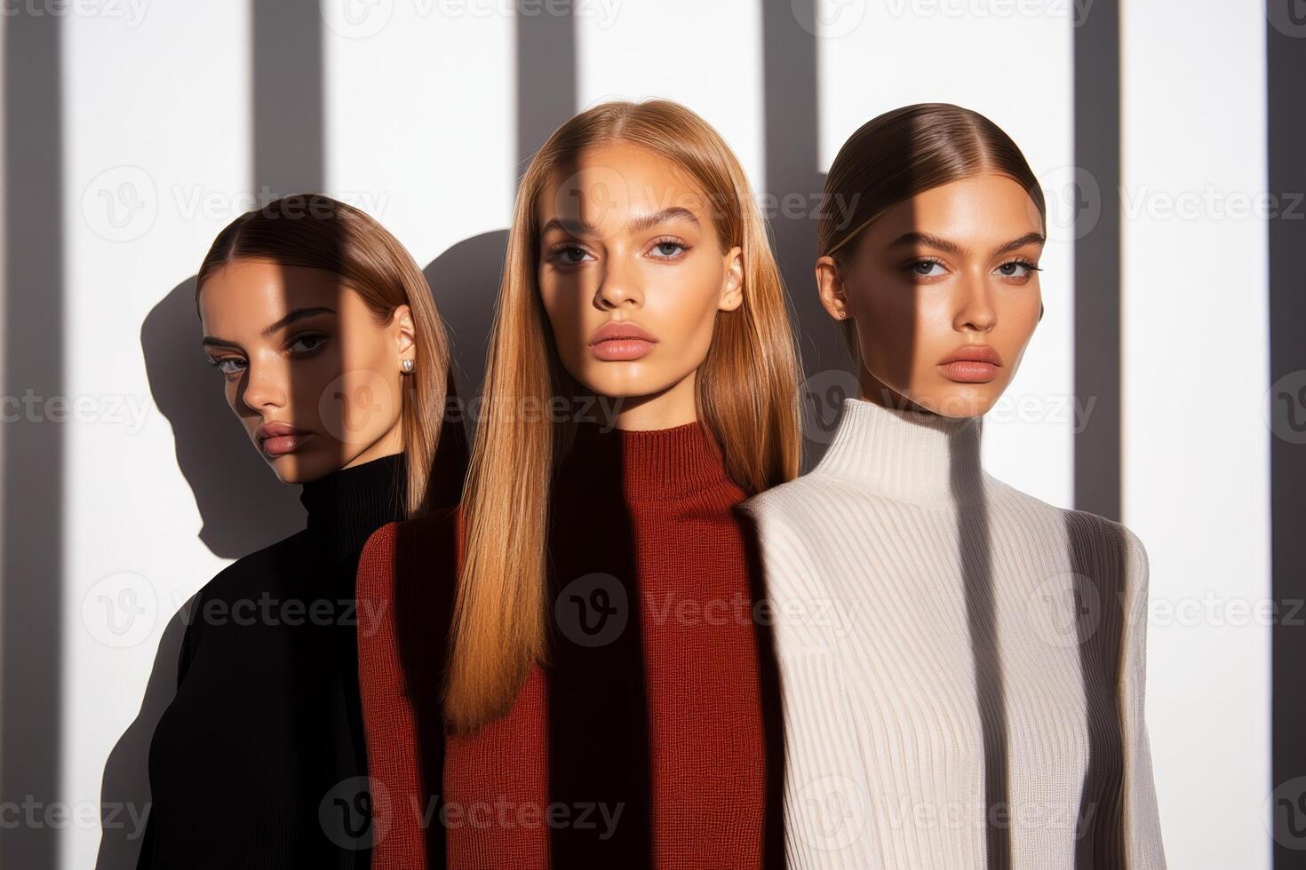 Three models posing under dramatic shadows in a minimalist studio setting photo