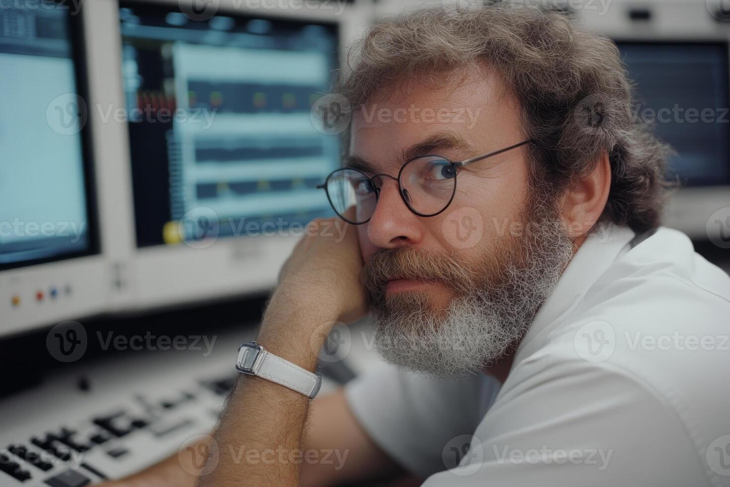 A focused technician with glasses and a beard is seated in a control center, analyzing data on several vintage monitors. photo