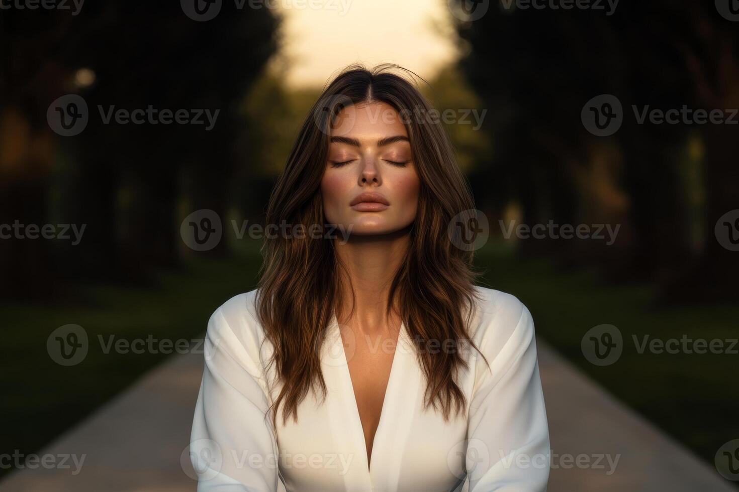 Woman meditating peacefully in a serene park during golden hour photo