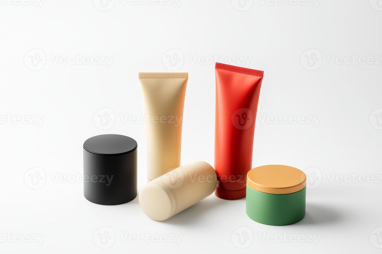 Stylish collection of modern cosmetic containers in various colors and shapes arranged on a bright background photo