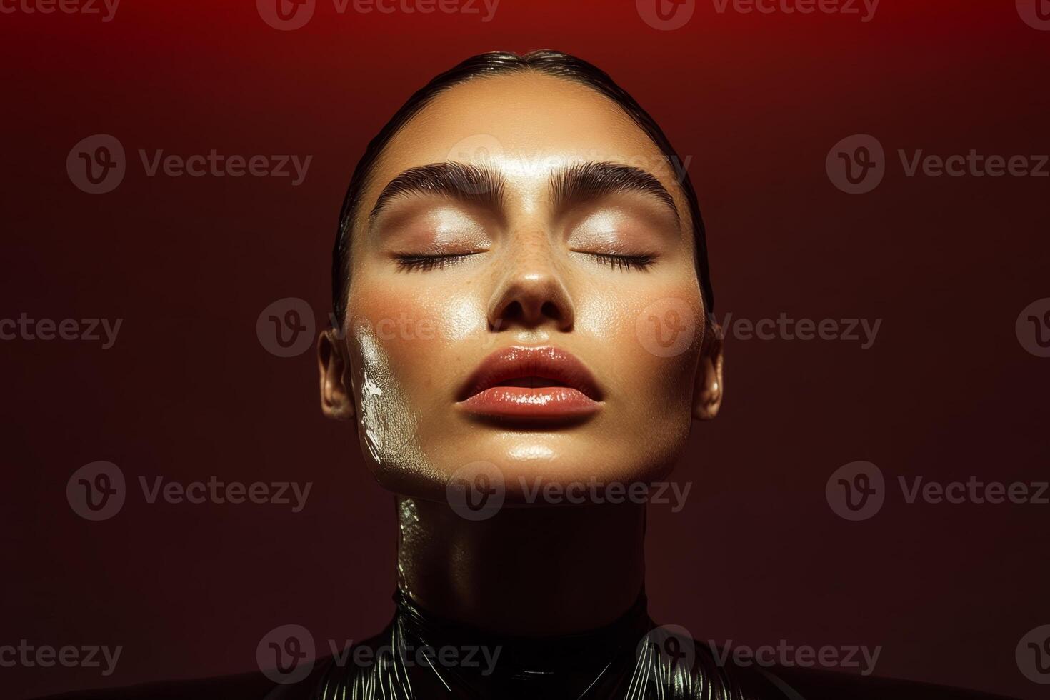 A model features flawless, glowing skin with closed eyes while showcasing glossy lips against a vibrant background, creating an artistic beauty aesthetic photo