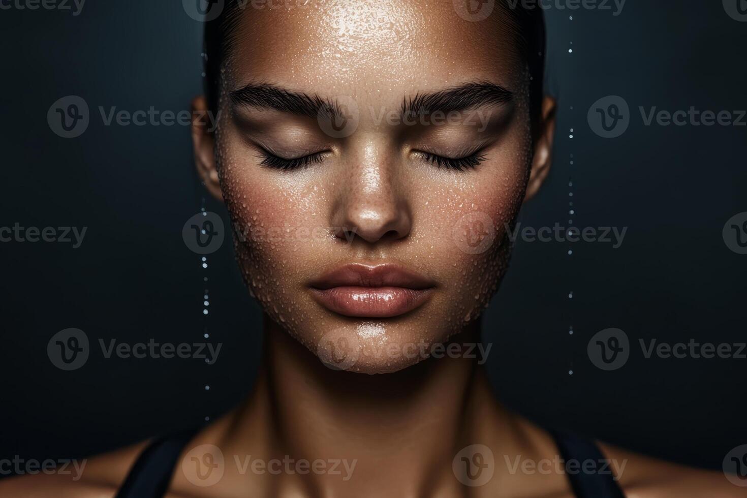 Captivating close-up of a woman with glistening skin, eyes closed, illuminated against a dark background, showcasing beauty and tranquility photo