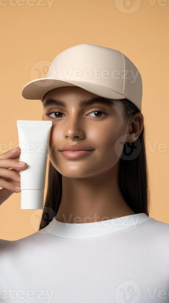 Woman holds skincare product while wearing a cap, showcasing beauty routine in minimalistic setting photo