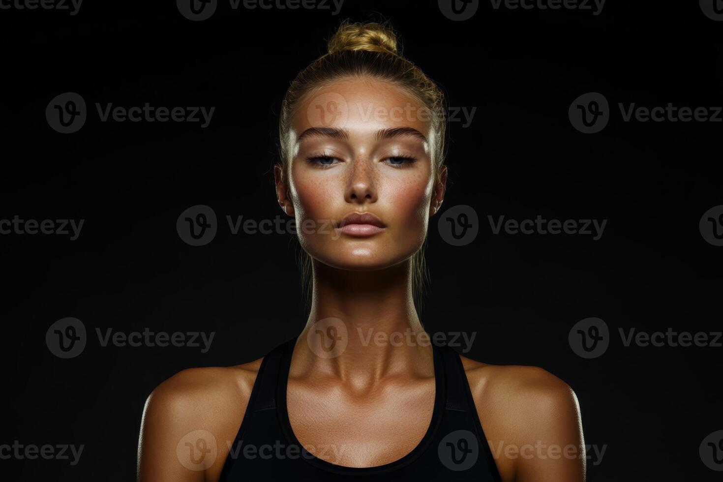 Captivating portrait of a confident model in a studio setting showcasing natural beauty and strong features photo