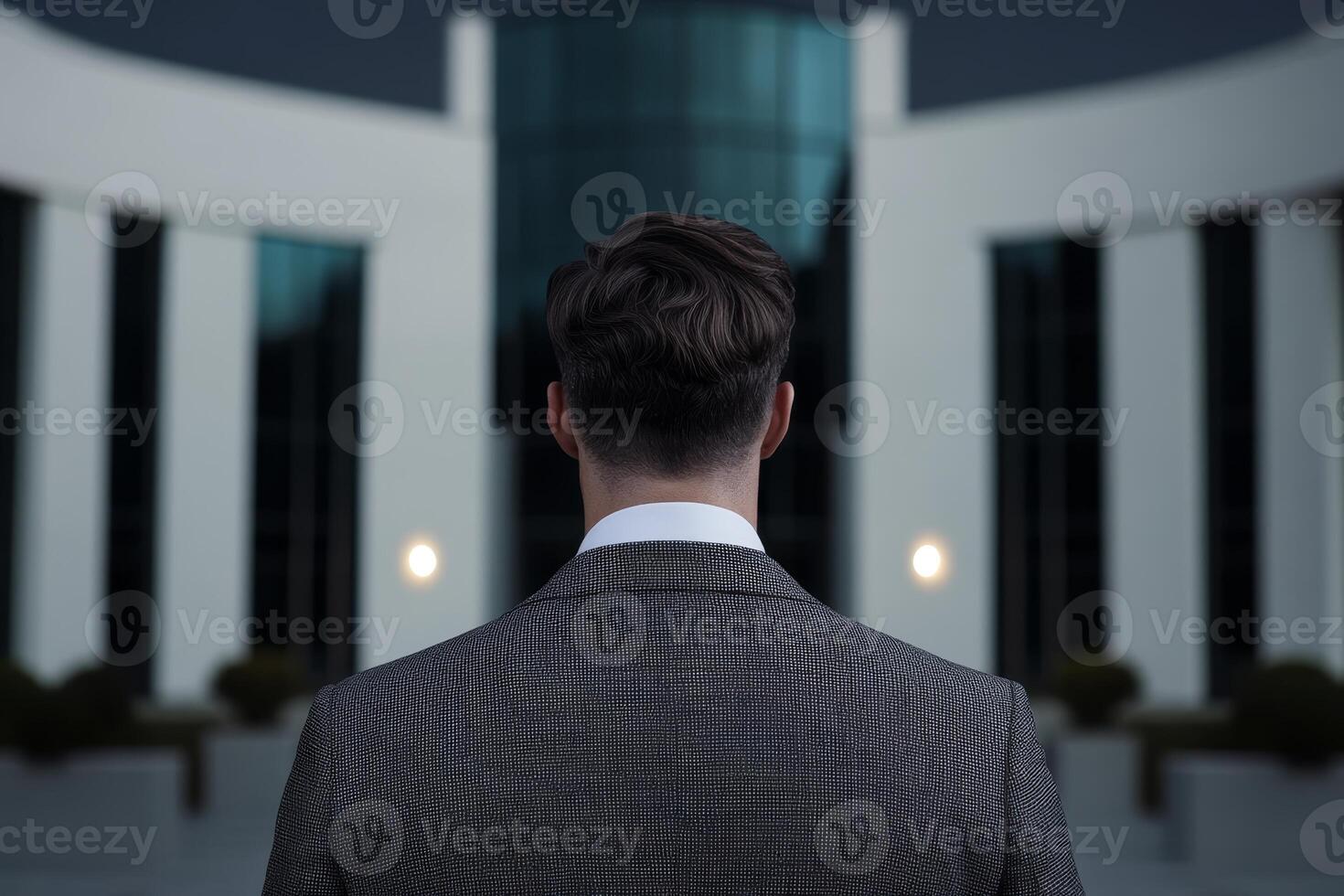 Man in formal attire stands confidently outside modern office building at twilight photo