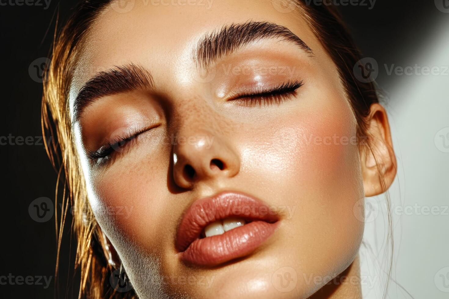 Captivating beauty portrait with natural glow and soft lighting. A close-up of a woman's face showcases her flawless skin, defined features, and relaxed expression. photo