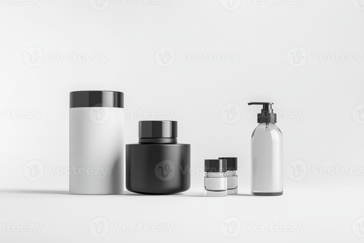 Display of various skincare and cosmetic containers arranged on a neutral background photo