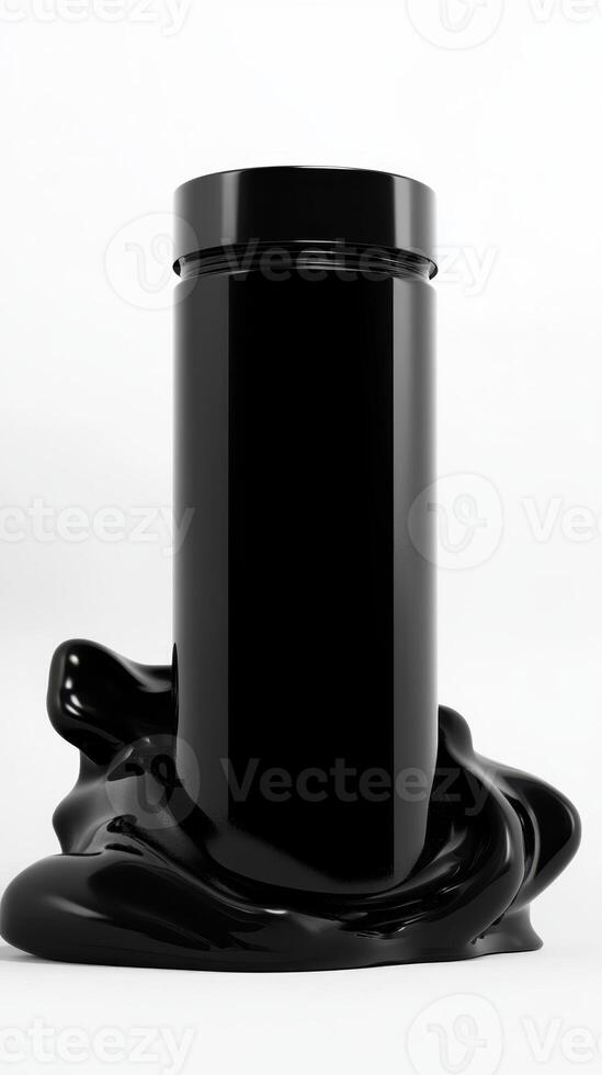 Artistic black container with flowing liquid shape on a white background in a modern design showcase photo