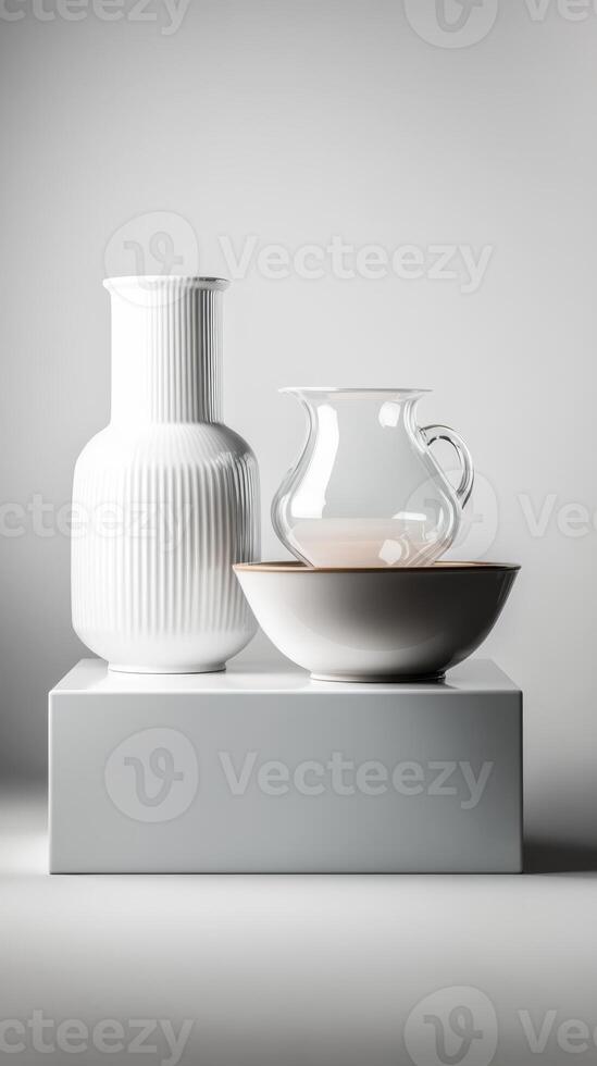 Collection of minimalist white ceramics arranged on a pedestal showcasing their elegant design and textures in natural light photo