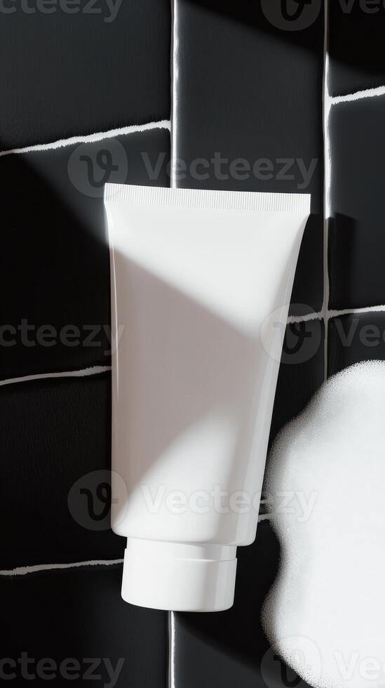 White tube of skincare cream resting against a black tiled wall with foam nearby photo