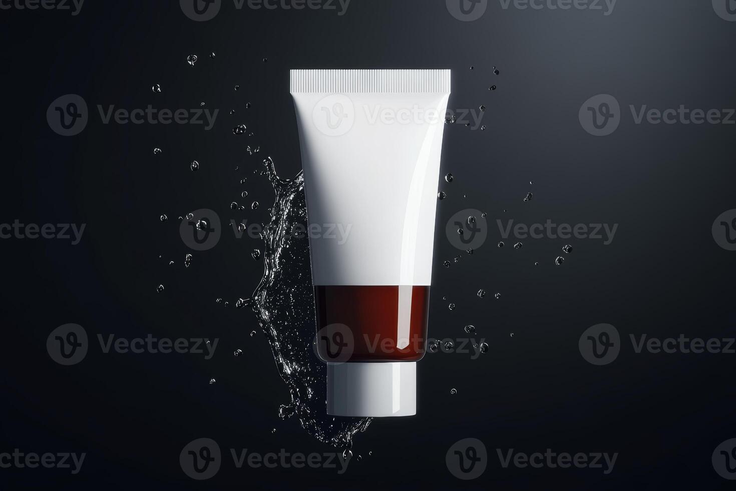 Creative splash effect of a cosmetic tube with dark liquid against a black background photo