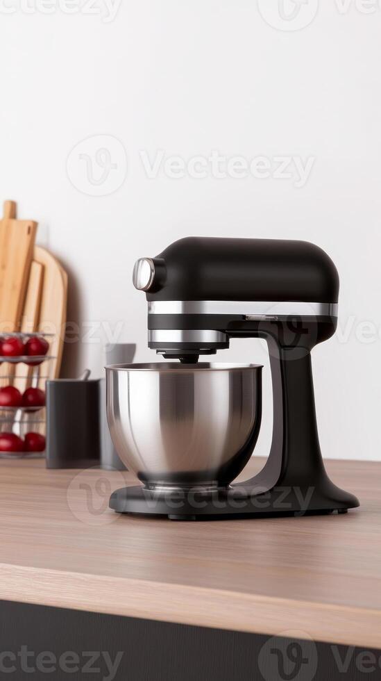 Black kitchen mixer on a wooden countertop with various kitchen utensils in a cozy, modern kitchen setting photo