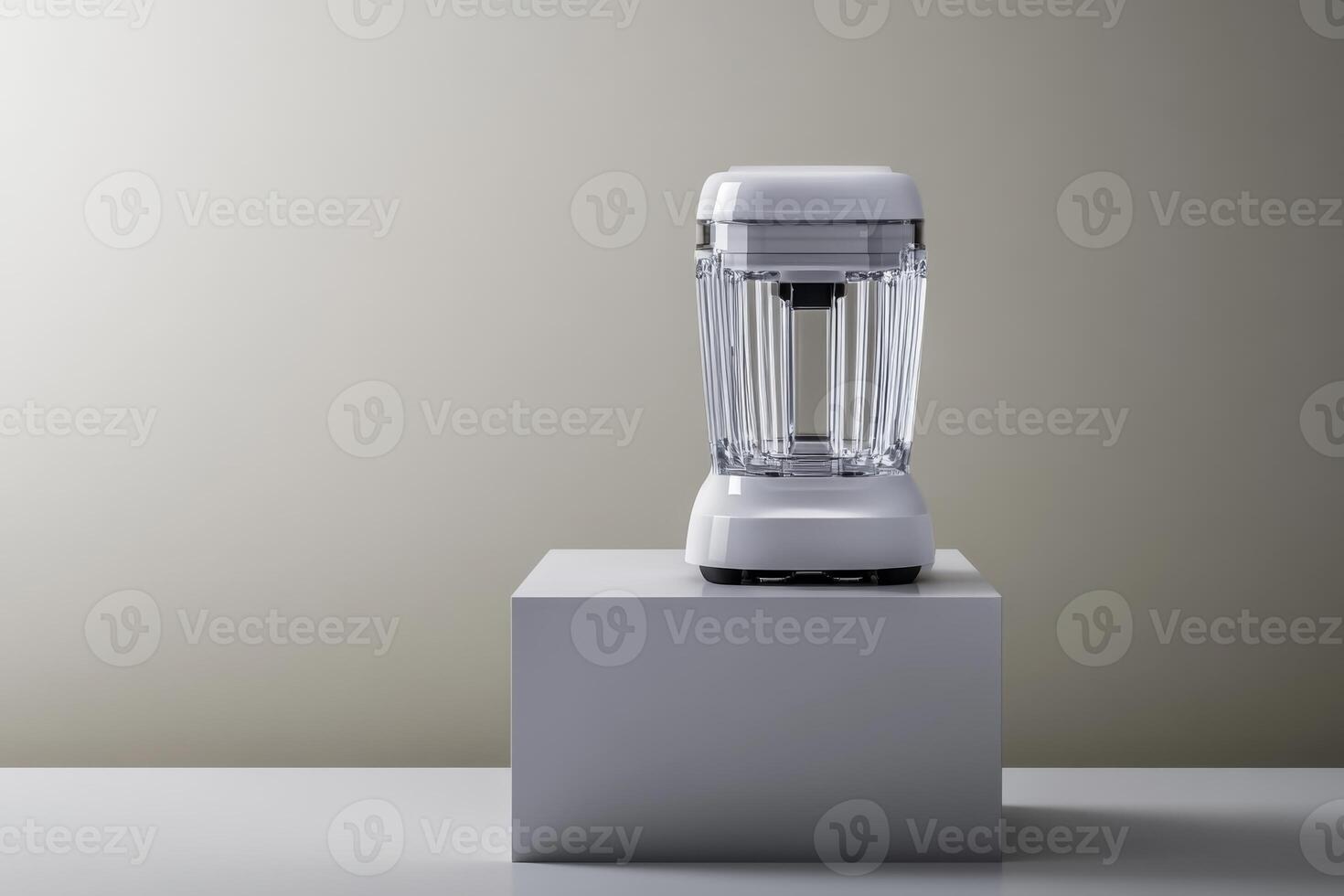 Modern kitchen blender displayed on a minimalist pedestal in a neutral-toned setting photo