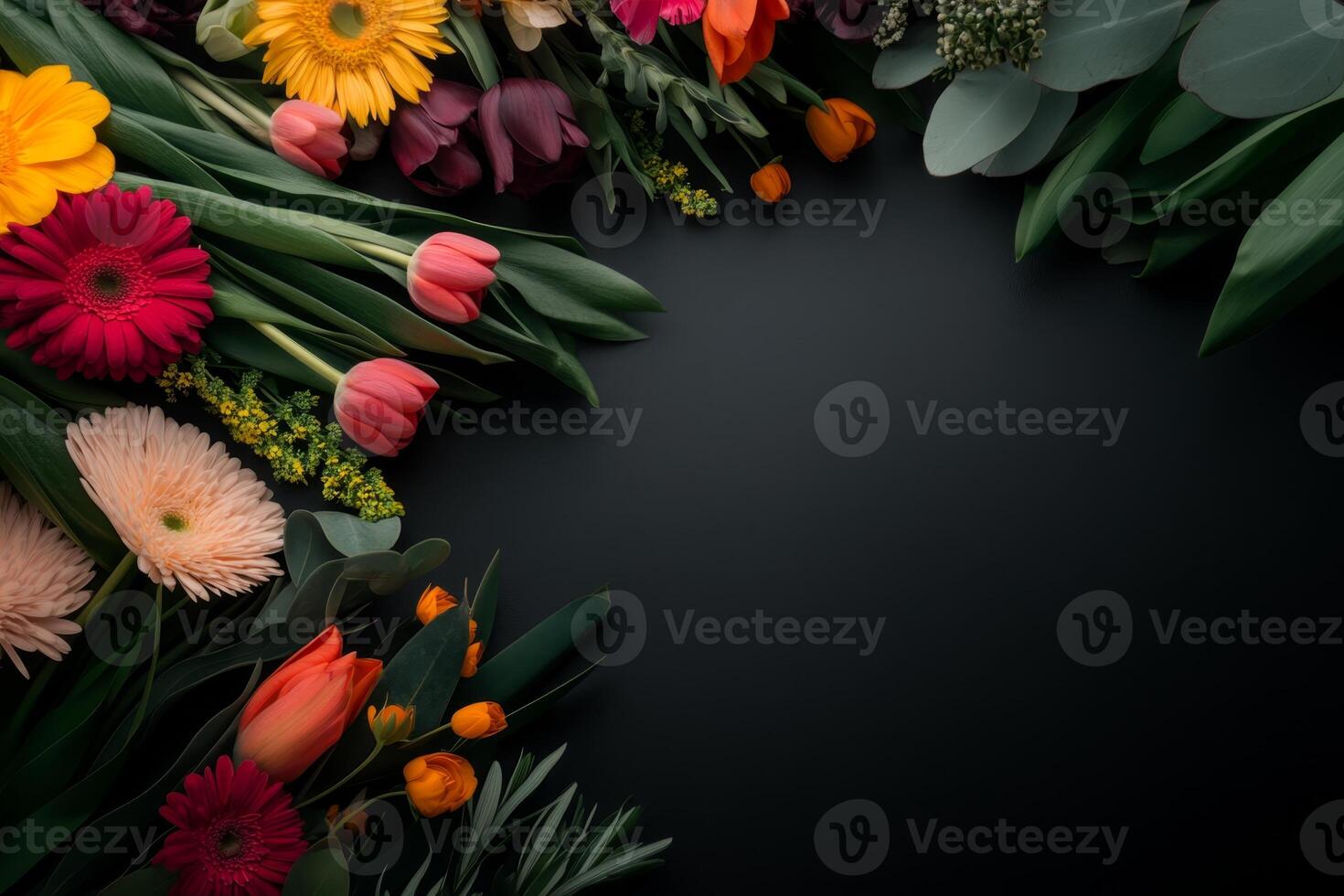 Vibrant bouquet of flowers arranged on dark background showcasing diverse colors and textures in a natural setting photo