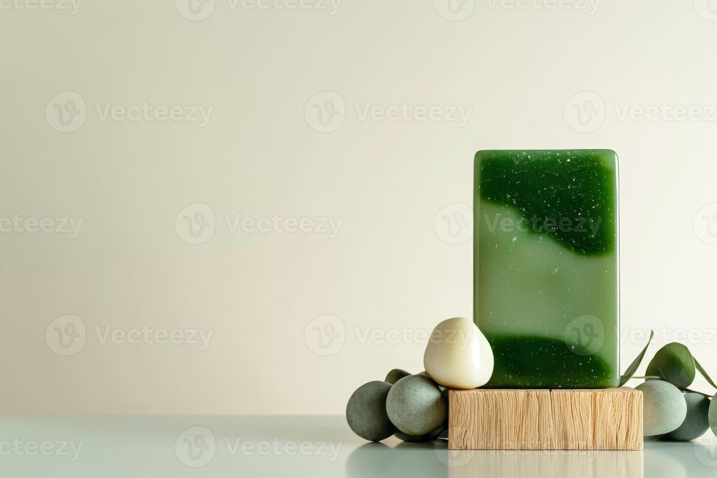 Green organic soap displayed on a wooden stand with botanical elements and a minimalist background photo