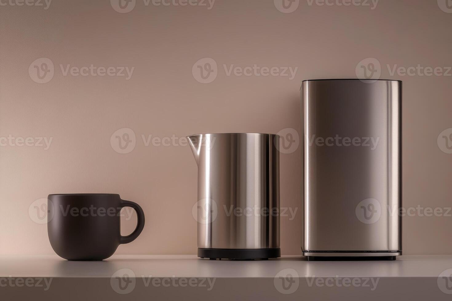 Modern kitchen display with sleek metallic containers and a minimalist coffee mug on a shelf photo