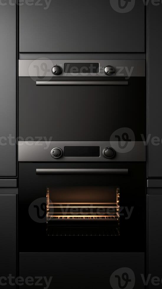 Modern built-in kitchen oven with sleek black design and lighting on the lower level photo