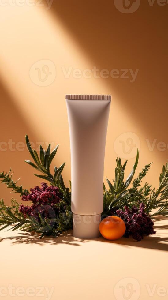 Natural skincare tube placed among herbs and a fruit against warm background lighting in a creative setup photo