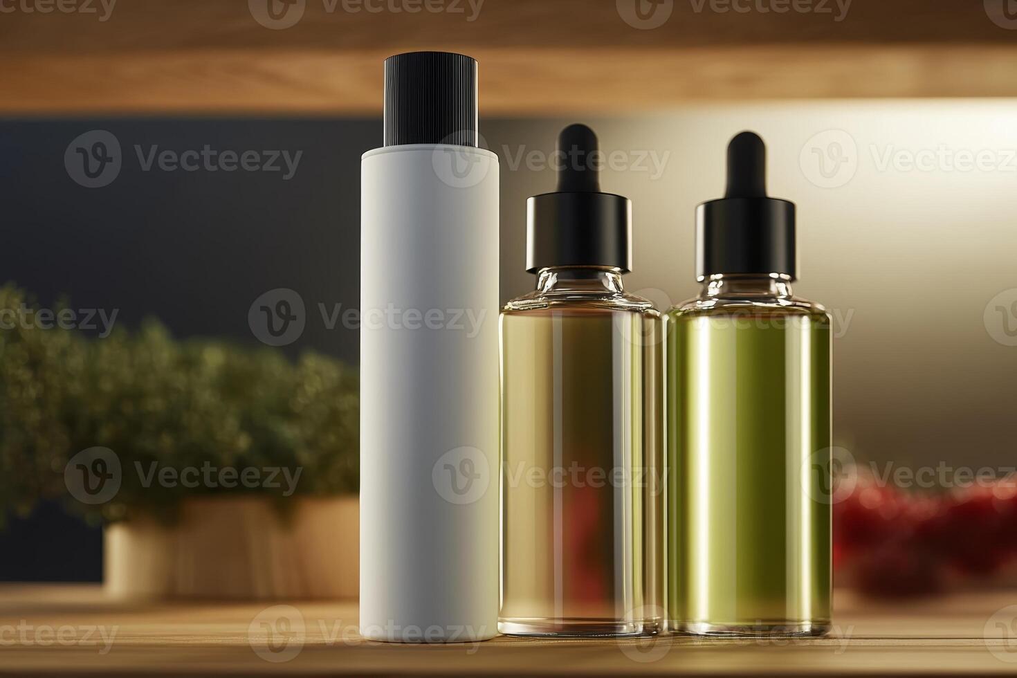 Aromatherapy oils displayed on a wooden shelf in a cozy indoor setting at sunset highlighting natural beauty photo