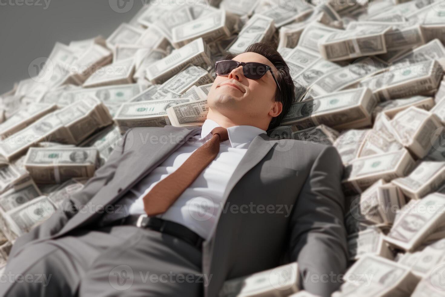 Businessman lying on pile of money , showcasing wealth and success in a contemporary environment photo