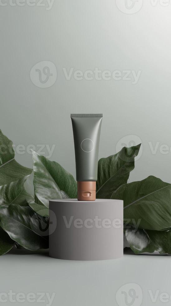Luxurious skincare product displayed elegantly with green foliage on a neutral backdrop photo
