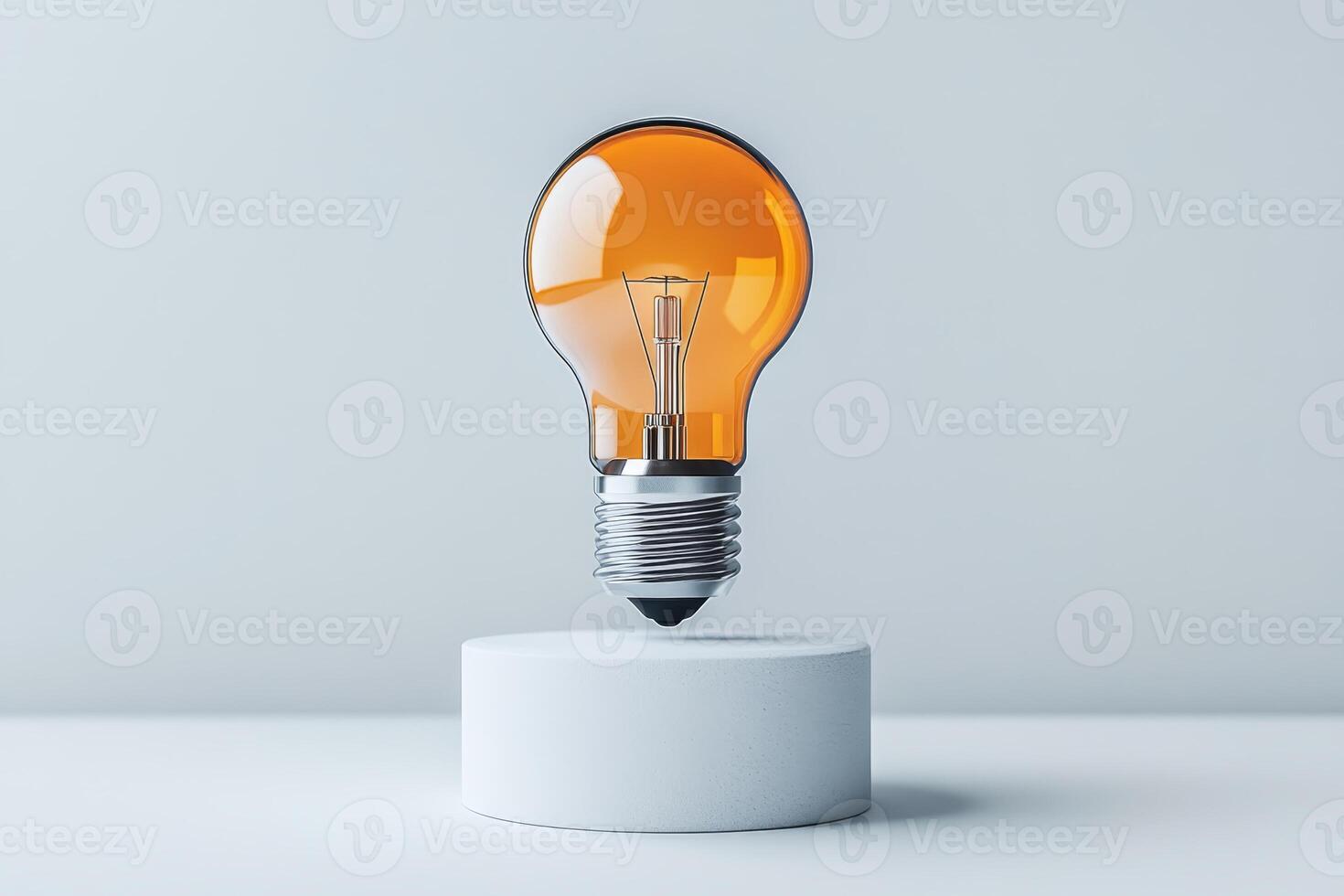 Light bulb floating above a minimalist pedestal with an orange hue photo