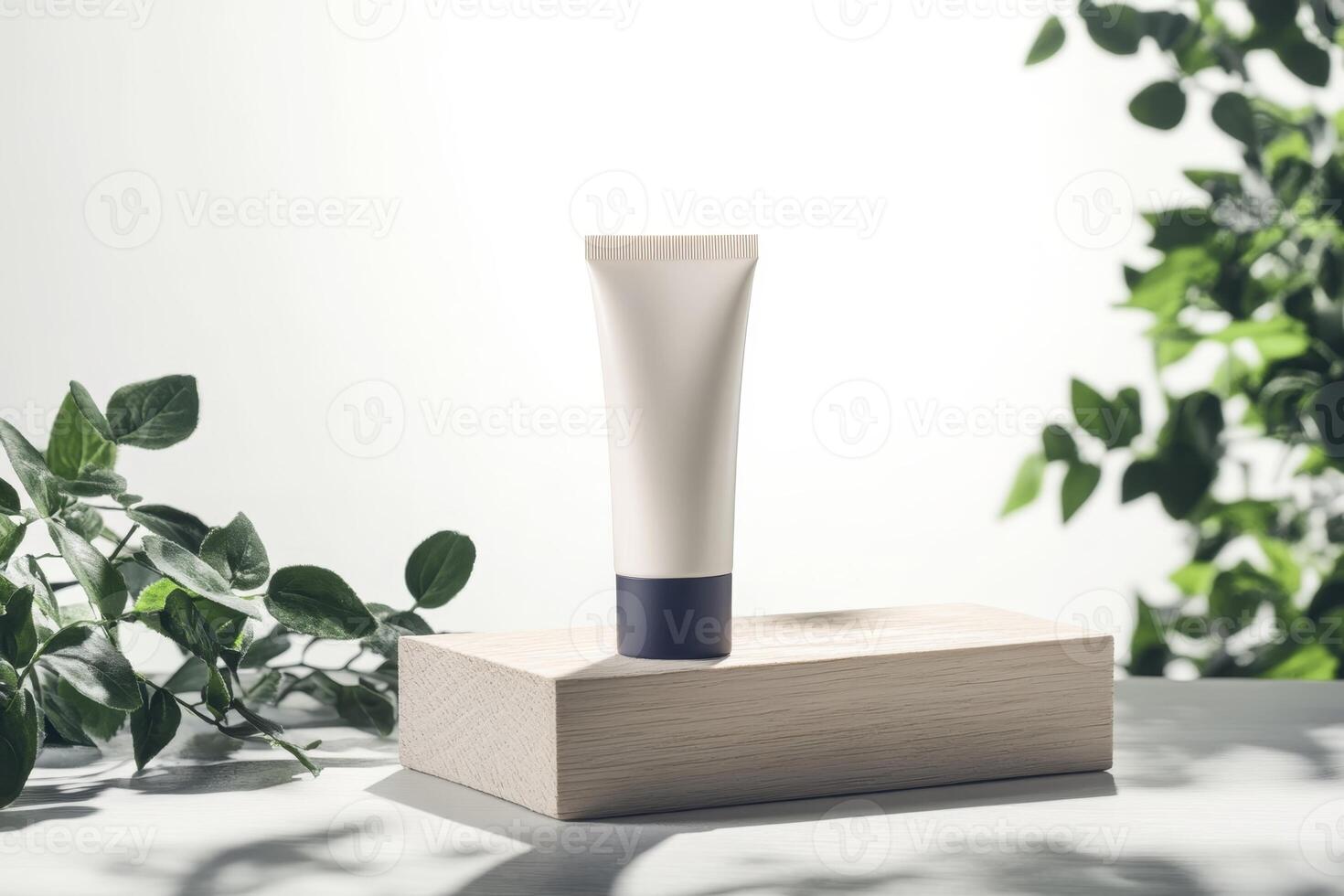 Natural skincare product displayed elegantly on a wooden platform surrounded by greenery photo