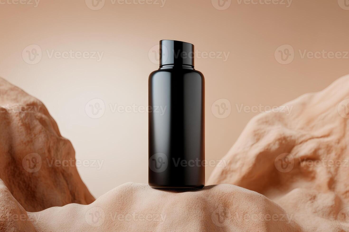 Simple black bottle positioned on textured beige rocks with soft lighting in a minimalistic setting photo