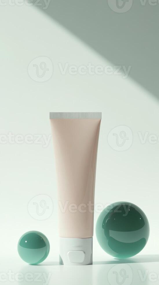 Minimalist display of skincare product with green spheres against a soft background photo