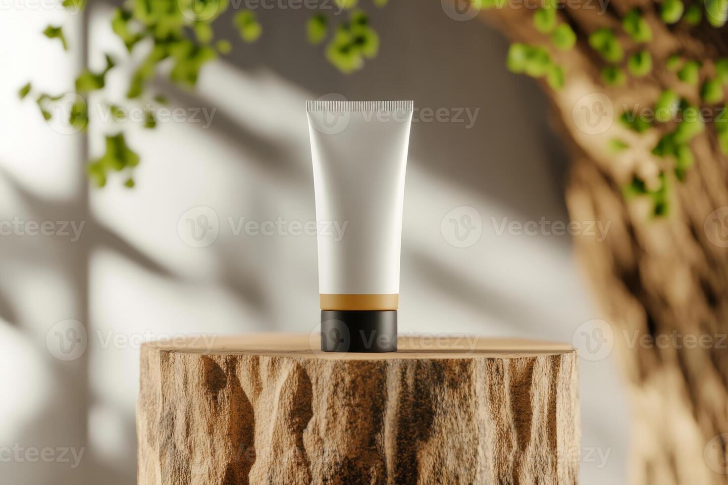 Skincare cream displayed on wooden pedestal with natural background in indoor setting during daylight photo