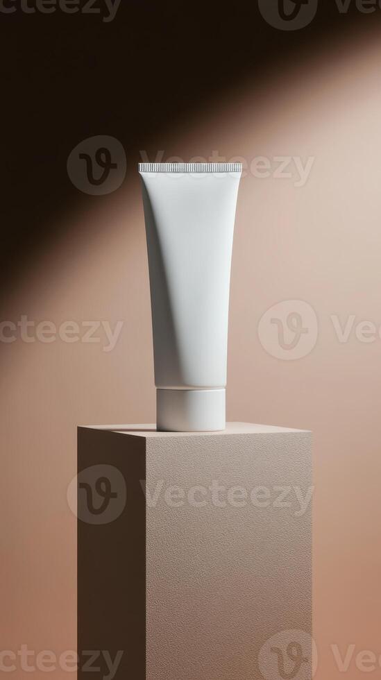 Elegant white tube of cream displayed on a minimal pedestal against a softly lit backdrop in an artistic setting photo