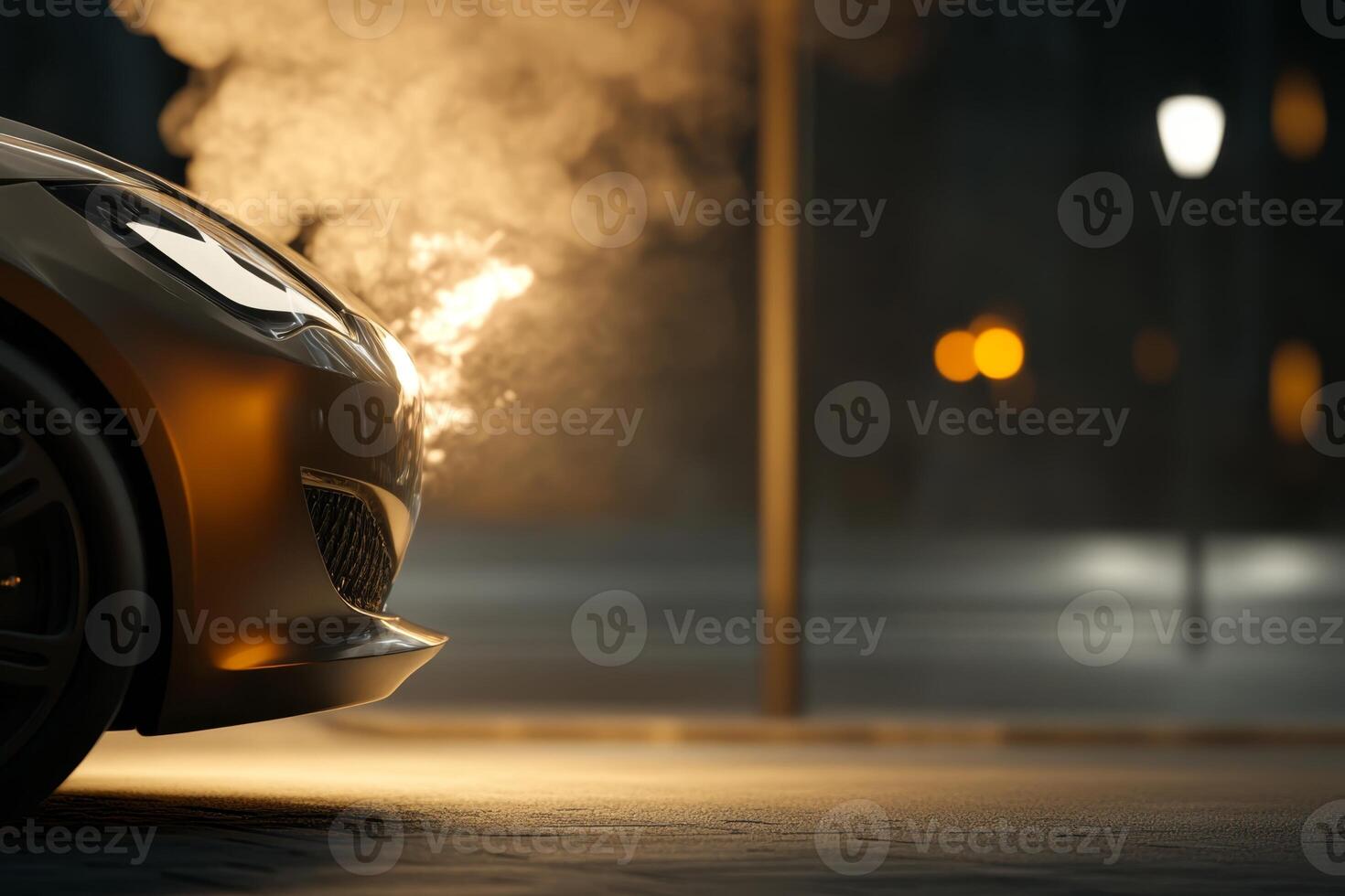 Car emits smoke at night on city street with glowing street lamps and blurred lights in the background photo