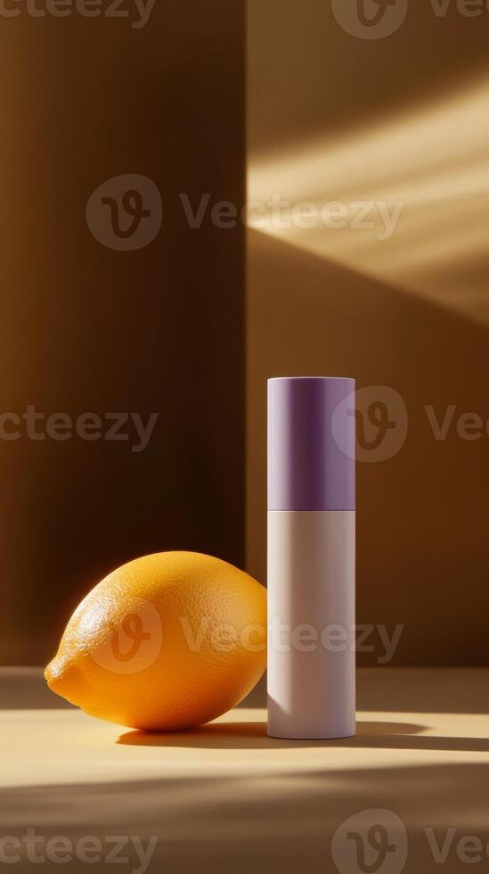 Lemon and minimalist bottle placed on a wooden surface with soft lighting creating a warm atmosphere photo