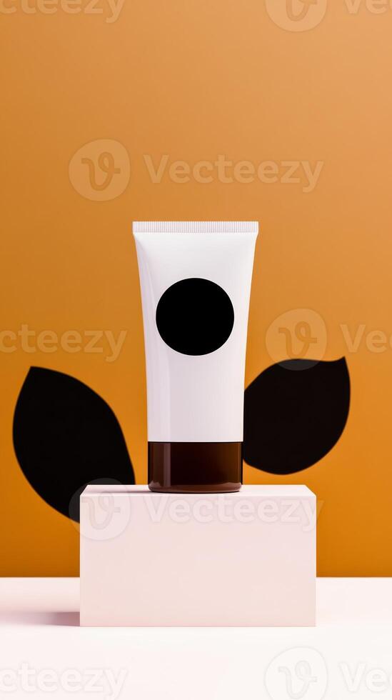 Cream tube displayed on a pedestal with contrasting backdrop and abstract plant shapes highlighting modern design aesthetic photo