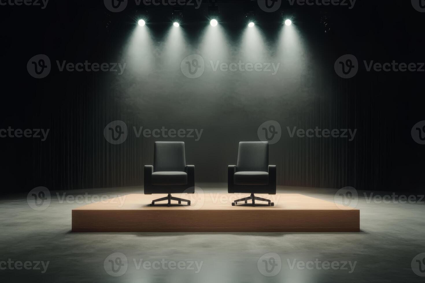 Two empty chairs on a lit stage in a dark setting waiting for a discussion or interview to begin photo
