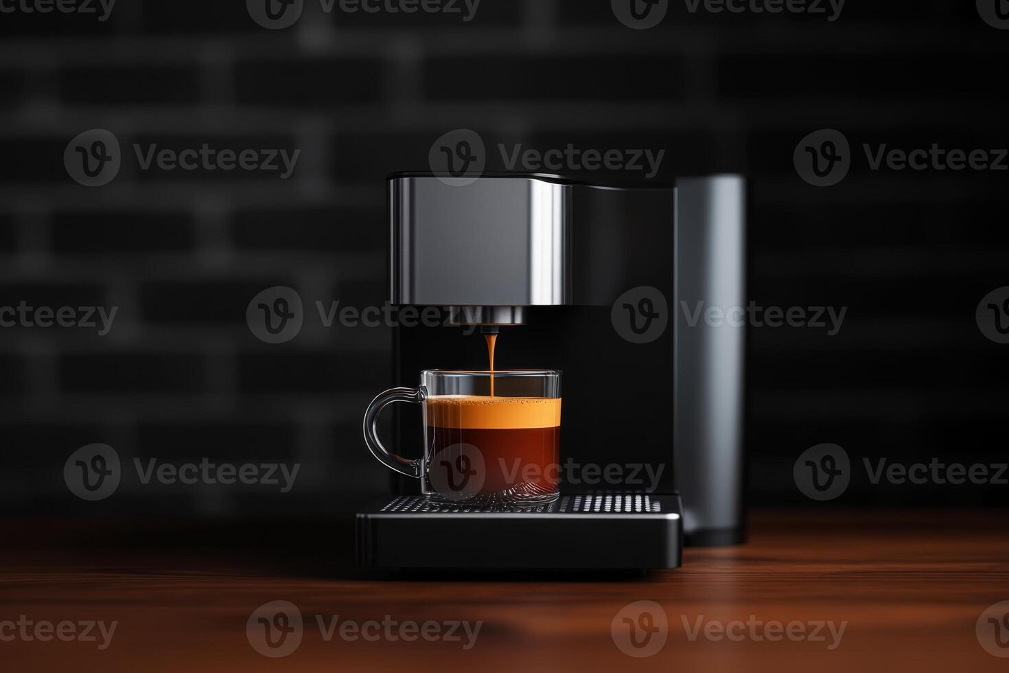 Espresso machine brewing a rich cup of coffee on a wooden countertop in a modern kitchen setting photo