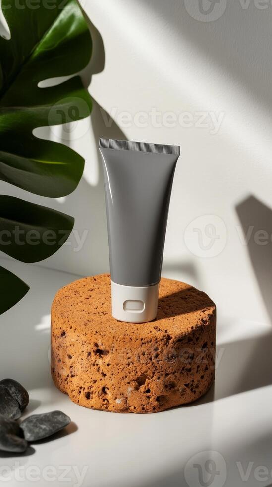 Natural skincare product displayed on a textured surface with greenery in a bright, sunlit setting photo