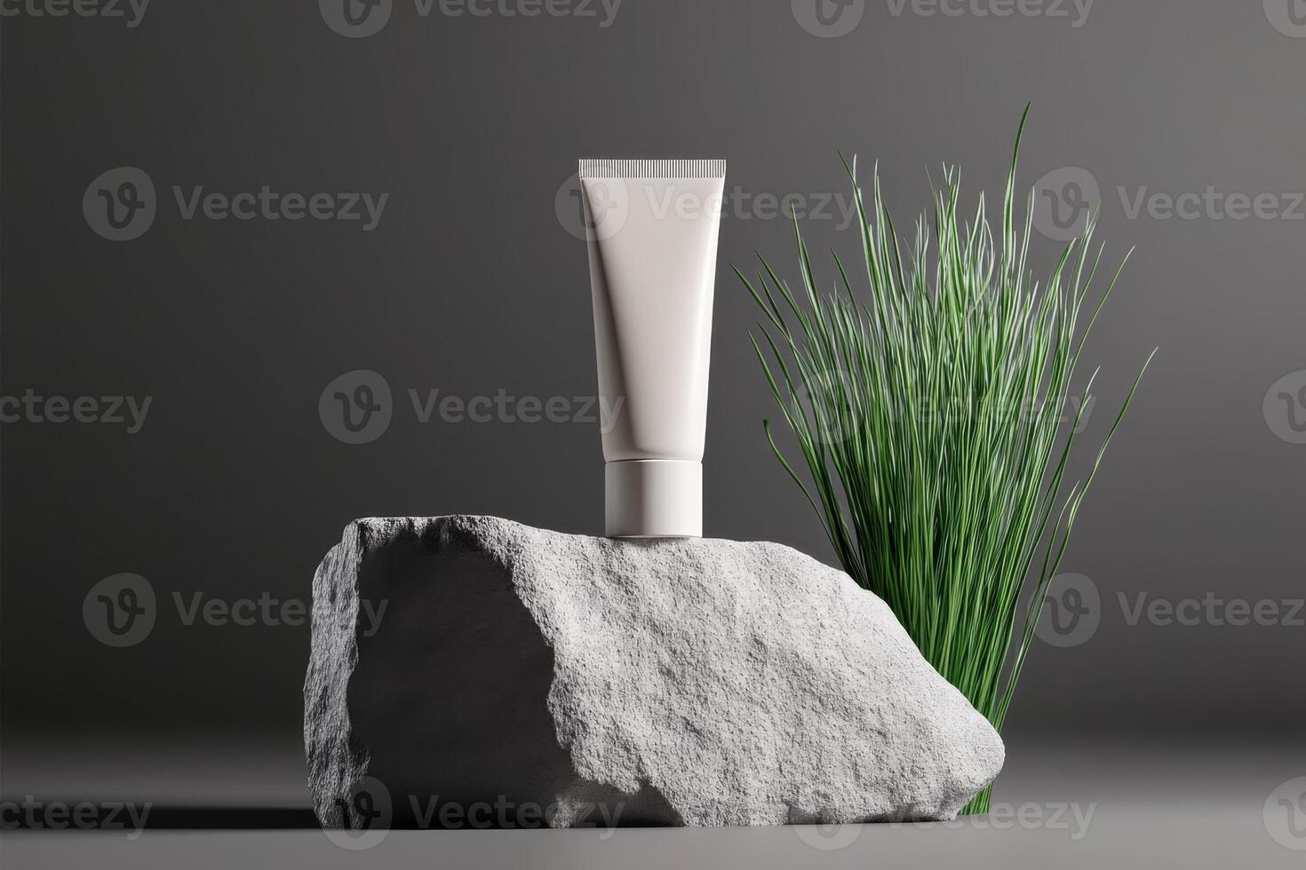 Cream tube displayed on a stone with green grass in a minimalist setting highlighting natural beauty photo