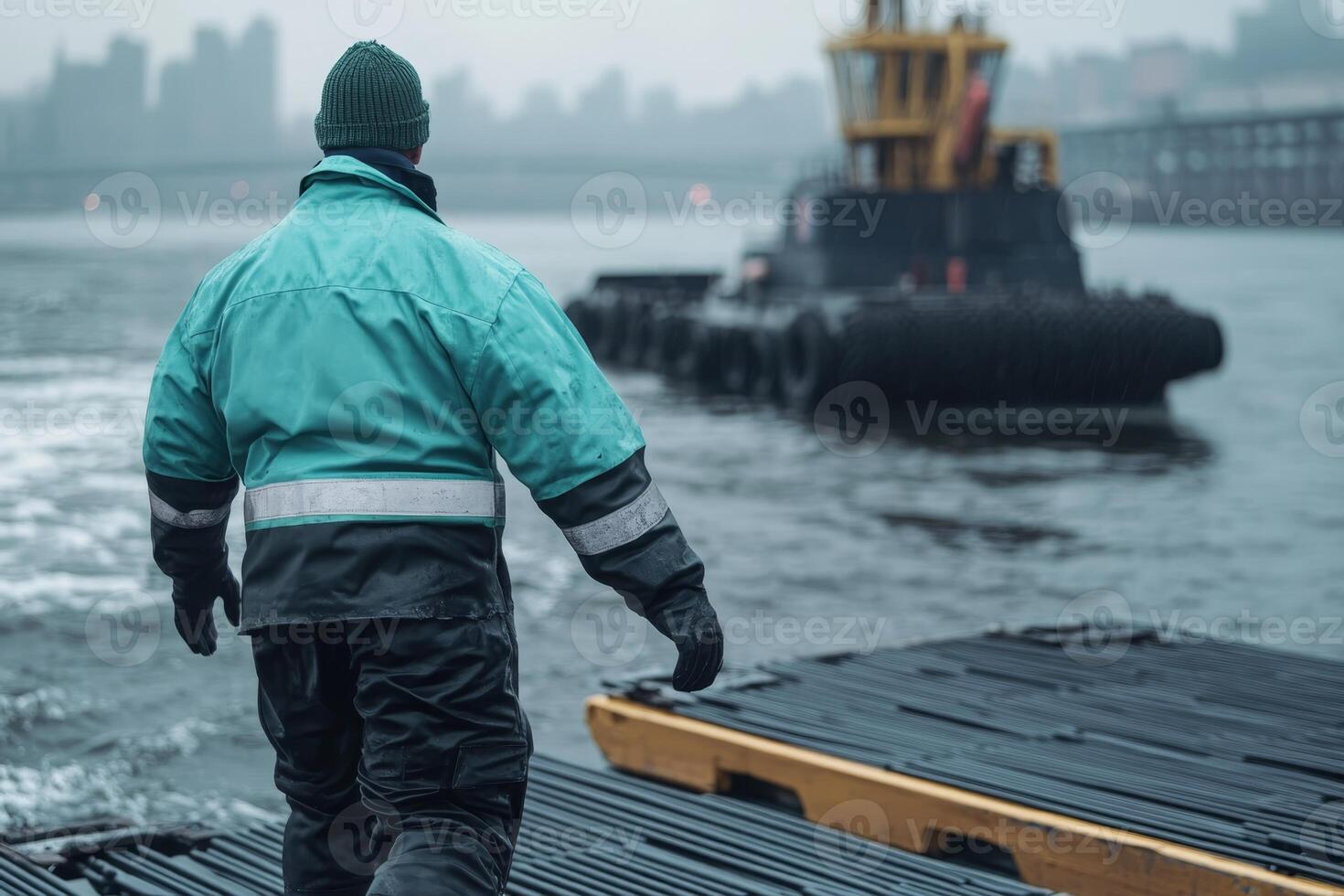 Worker in teal jacket oversees tugboat maneuvering near dock on a foggy day in the city photo