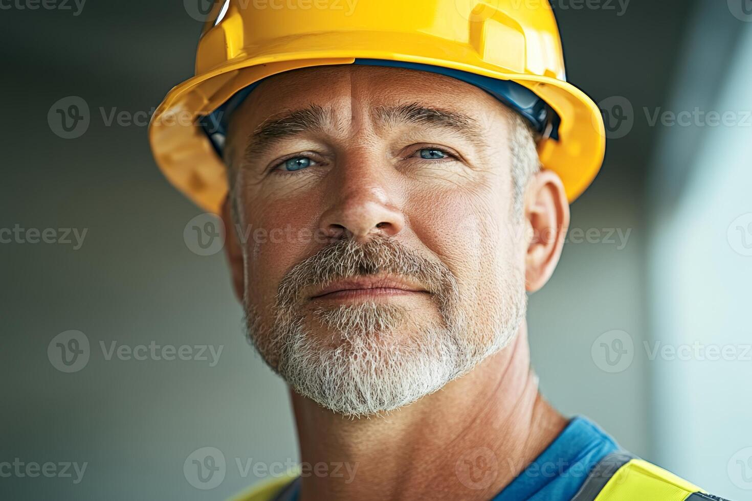 Construction worker in hard hat looks confidently at the camera at a building site during the day photo