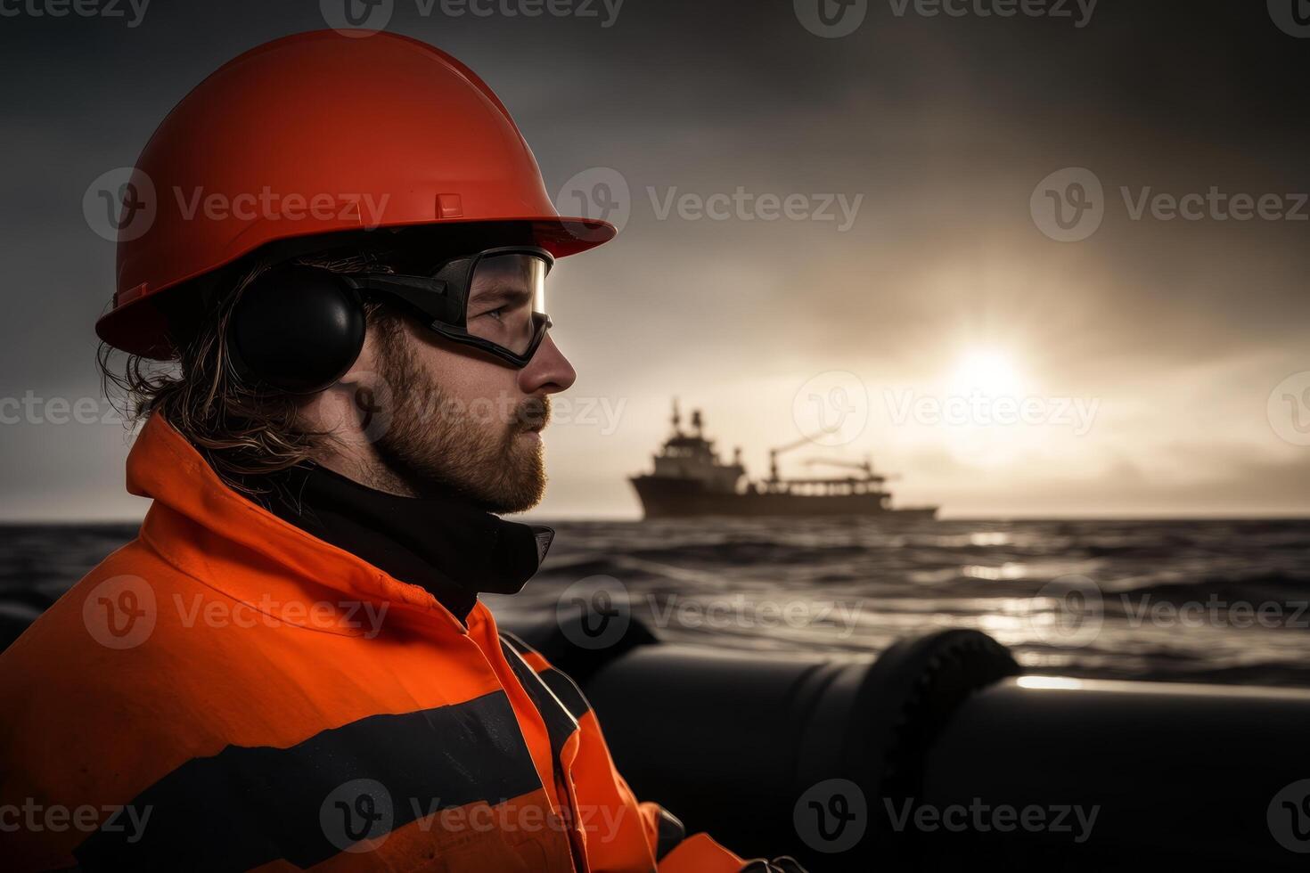 A man in safety gear watches a distant vessel navigating turbulent waters under a dramatic sky during sunset photo