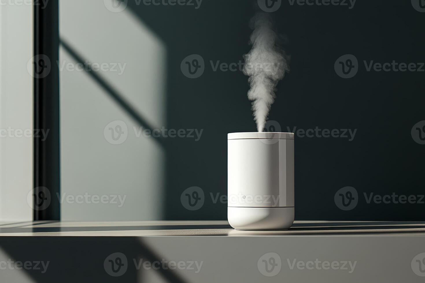 Compact diffuser releases aromatic mist in a modern, sunlit room during afternoon hours photo